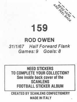 1984 Scanlens VFL Stickers #159 Rod Owen Back